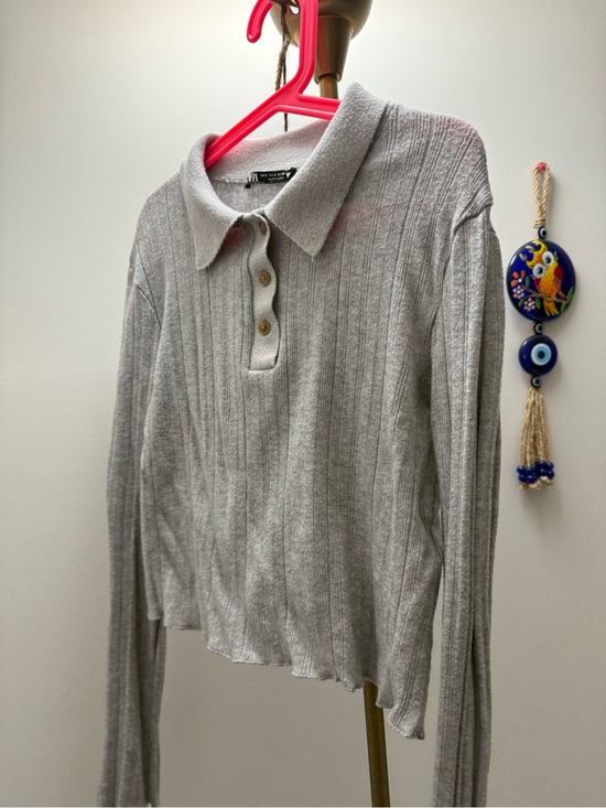 Zara Tops - Zara Light Gray Ribbed Polo Long Sleeve Top